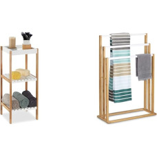 Relaxdays Bamboo Frame Bathroom Shelf with 3 Shelves, Freestanding, Open Standing Shelf, Bamboo, MDF, 72 x 30 x 29 cm, Natural/White & Bamboo: Approx. 82 x 54 x 24 cm, Stair-Shaped Towel Rail with 3