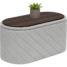Bonlife Bench with Storage Space, Oval Folding Footstool with Lid, Boucle Bench for Foot End of the Bed, Stool for Living Room, Bedroom, Grey, 76 x 38 x 38 cm