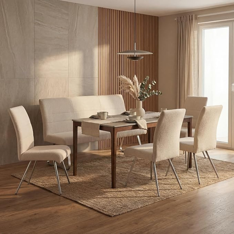 Mendler HWC-G55 Valgomojo komplektas iš 4 kėdžių ir suolo 160 cm Šlifuotas nerūdijantis plienas Audinys / tekstilė Chenille Cream