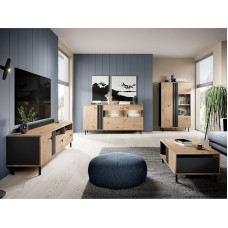 Wohnzimmer Set in Eiche, inkl. Couchtisch und LED-Beleuchtung, 4-teilig, Sideboard, Kommode, Lowboard, Anrichte, Highboard, Vitrine, Vitrinenschrank, Wohnwand, Fernsehwand, Wohnzimmerset Komplettset