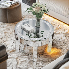 Coffee Table Crystal Living Room Table Diameter 60 Round: Mirrored Side Table Round, Silver Coffee Table Modern Glitter Mirror Sofa Table Glass Table for Living Room