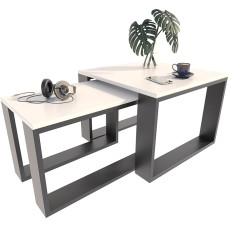 MATKAM Set of 2 Coffee Table Industrial Style High Side Table W60 x D60 x H43.3 cm, Low Side Table W39 x D39 x H40.8 cm, Easy Assembly (White)