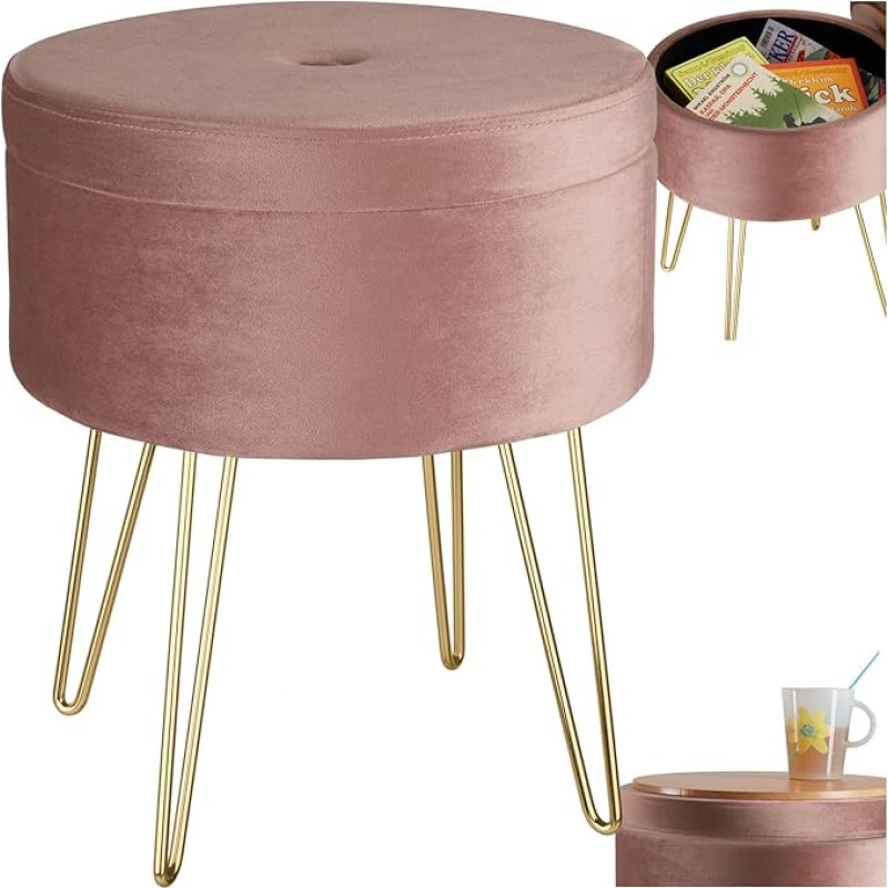 tectake® 3-in-1 saugojimo taburetė Sandėliavimo dėžė su dangčiu Kėdė ir šoninis stalas Velvet 300 kg apkrovos talpa Pouf taburetė Apvali minkšta taburetė tualetiniam staliukui kaip atrama kojoms - rožinė