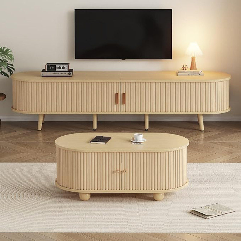 Wohnzimmer TV-Schrank mit Couchtisch Set, MDF, Helles Walnussholz, 175x40x42 cm ir 100x50x40 cm, mit Stauraum und Schubladen