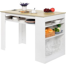 EGGREE daugiafunkcinis valgomojo stalas su lentynomis ir kištukiniu lizdu, 110 x 60 x 78 cm, ąžuolo dekoro virtuvės stalas, reguliuojamo aukščio skyriai, laikymo vieta, skirtas mažoms erdvėms, ąžuolo ir baltos spalvos