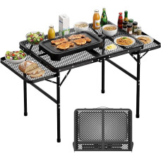 Grilltisch Klappbar 77cm Hoher, Grilltisch Outdoor Klappbar mit 2 Ausklappbare Seitenteile, Höhenverstellbarer Campingtisch, Klapptisch Camping mit Metallgitterplatte