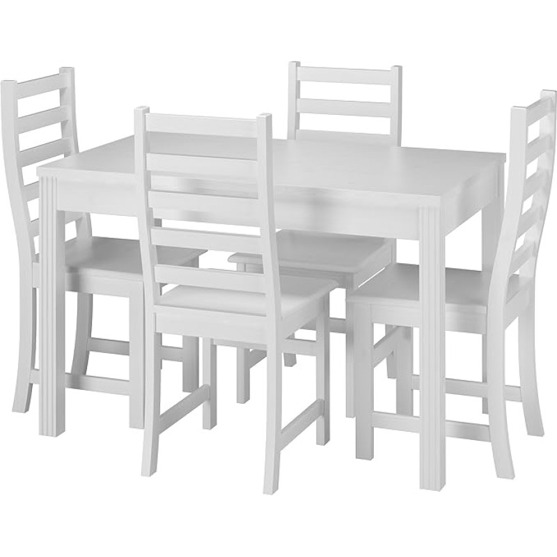 Stilingas valgomojo komplektas su stalu ir 4 kėdėmis iš pušies masyvo, plautas baltai 90.70-51 C W-Set 21