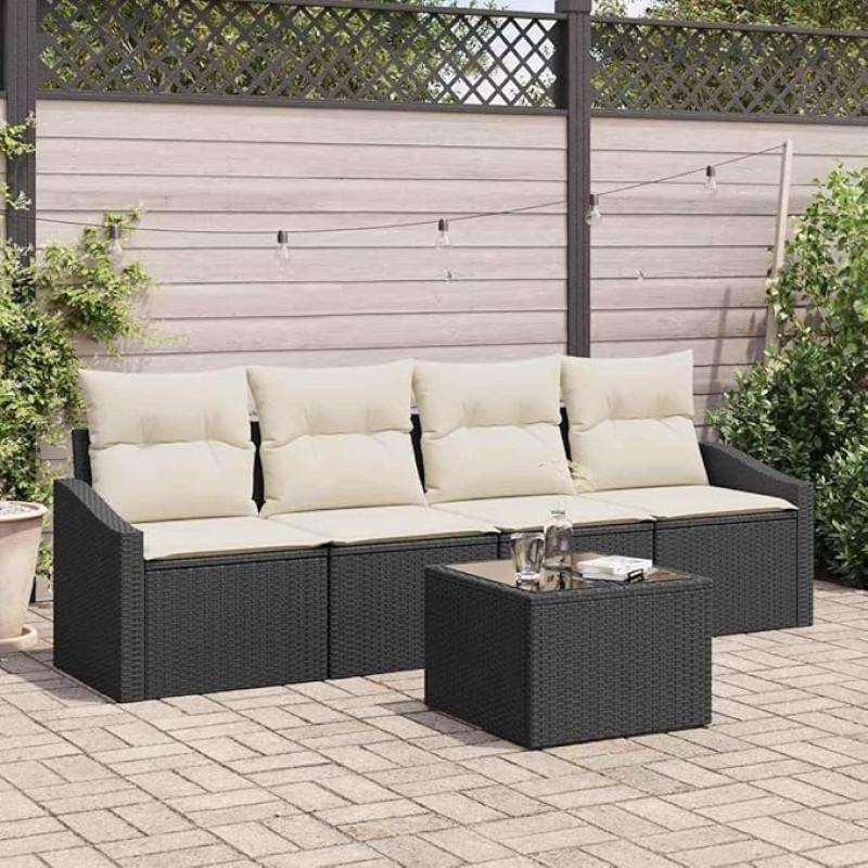 Garten Sofa Set Poly-Rattan 5-teilig schwarz Creme mit Tisch Terrassenmöbel Set 5-TLG Gartenmöbel Poly-Rattan schwarz Creme Garten Sofagarnitur
