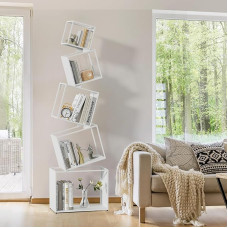 Balta knygų spinta, 170 cm aukščio knygų lentynos, siaura metalinė lentyna, geometrinė 5 skyrių stovinti lentyna svetainei, miegamajam, biurui, vaikų kambariui su montavimo vaizdo įrašu