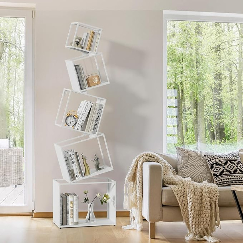 White Bookcase, 170 cm High Bookshelves, Narrow Metal Shelf, Geometric 5-Compartment Standing Shelf for Living Room, Bedroom, Office, Children's Room with Mounting Video