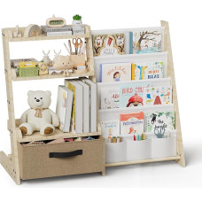 Children's Shelf with Toy Organiser 2-in-1 - Wooden & Fabric Bookcase with 4 Compartments, Drawer & Pen Pockets - Child Safe Shelf 68 cm High for Children's Room, Nursery (White)