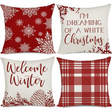 Artmag 66 x 66 cm, Weihnachts-Kissenbezüge, dekorative Outdoor-Bauernhaus, Willkommen, Winter, Büffelkariert, Weihnachten, Kissenbezüge, Schonbezüge, 4er-Set für Couch, Sofa-Dekorationen
