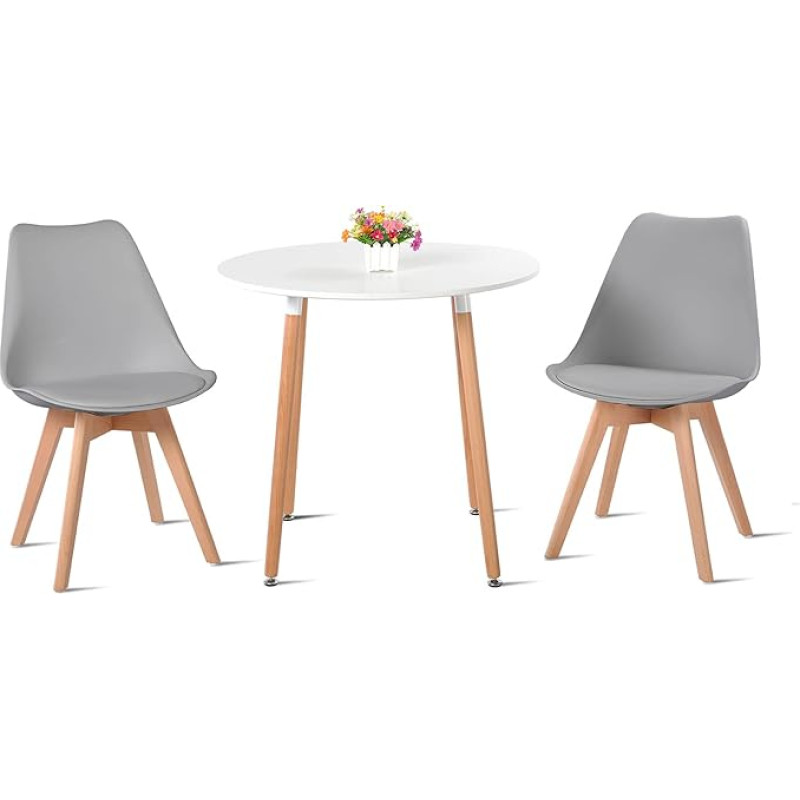 EGGREE Scandinavian Round Wooden Dining Table and 2 Chairs Set with Kitchen Chairs - White + Grey