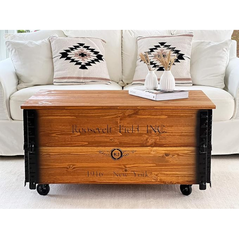 Uncle Joe´s Roosevelt kavos staliukas XL skrynia Stalo skrynia Vintage Shabby Chic stiliaus Medžio masyvo rudos spalvos su laikymo erdve ir dangčiu Medinė dėžutė Šalutinis stalas Kaimo namų svetainės stalas Medinis stalas