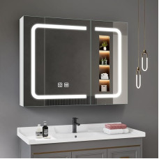 STARLEAD Vonios veidrodinė spintelė su apšvietimu 60 x 80 cm, veidrodinė spintelė su apšvietimu ir kištukiniu lizdu, apsauga nuo rūko, reguliuojamas apšvietimas, 3 šviesos spalvos, LED vonios veidrodinė spintelė su reguliuojama lentyna, HD grūdinta
