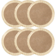 LALAFINA 6 Stück Runde Platzsets aus Jute mit Stilvollem Gewebtem Design und Fransen Hitzebeständige Tischunterlage für Teller und Tassen im Täglichen Gebrauch