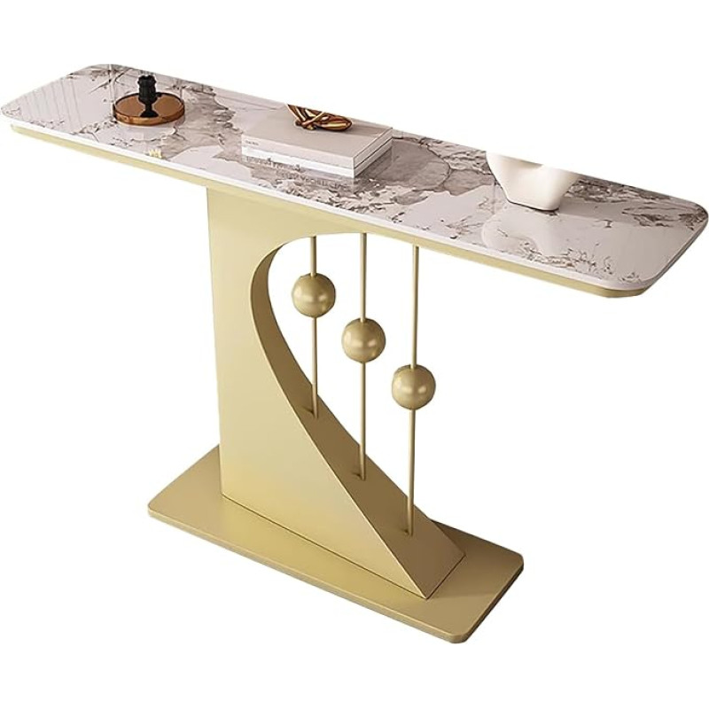 Moderner Rock Slab Eingangstisch, schmale Konsole für Foyer & Flur, 120 cm, Beige & Gold, Sofatisch, lang, schmal, Flurkonsole für Wohnzimmer-Dekor