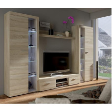 MÖBEL IWMAR Svetainės baldų komplektas Rumba XL, 300 x 190 x 40,5 cm, svetainės baldai, 2 aukštos svetainės spintos, svetainės spinta su RTV staliuku, pakabinama lentyna, geriausias svetainės baldų komplektas
