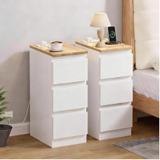 Schmaler Beistelltisch mit Ladestation, Wohnzimmer-Sofa, Beistelltisch, Schlafzimmer, schmaler Nachttisch mit 3 Schubladen, Badezimmer, kleiner bodenstehender Aufbewahrungsschrank (mattweiß
