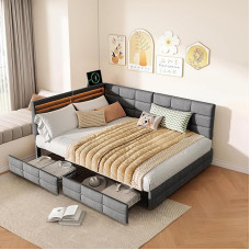 Sofa lova 140 x 200 cm, viengulė lova su stalčiais, minkšta lova Dienos lova su skersiniu rėmu, jaunimo lovos rėmas, daugiafunkcinė, lininė, be čiužinio (lininė pilka 140 x 200)
