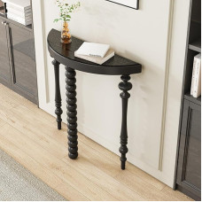 Boho-Halbmond-Konsolentisch, massiver Kiefernholz-Beistelltisch mit kugelförmigen und römischen Beinen, schmaler Sofatisch für Flur und Wohnzimmer(Black,100x30x80cm)