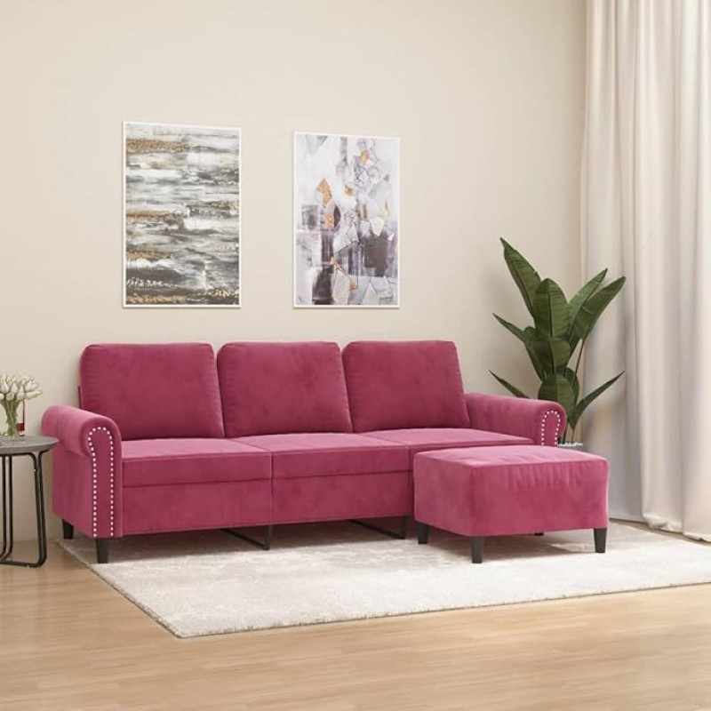 Modernes 3-Sitzer Sofa mit Metallgestell und bequemem dickem Polster, weinrotes Samtsofa inklusive Fußhocker für Ihr Zuhause, 180 cm Sofa und Hocker Set