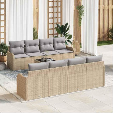 Poly-Rattan Gartensofa-Set Beige mit Tisch und Glasscheibe, Gartensofa-Set mit Vier Mittelsitzen und Zwei Arm-Sofas, Außenmöbel für Garten und Terrasse