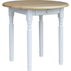 k koma Kaimo stiliaus apvalus valgomojo stalas su stalčiumi - baltos kojos, dažytos pušies spalvos stalviršis (skersmuo 80 cm)