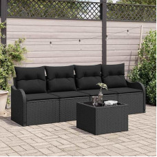 Modulares Gartensofa-Set 5-teilig Outdoor-Sofagarnitur mit Tisch Gartenmöbel-Set Poly-Rattan Schwarz Creme Garten-Sitzgruppe mit Ablage und Stauraum