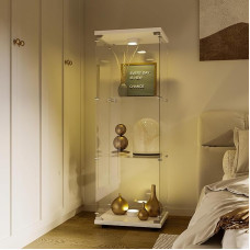 Stiklinė vitrina su LED apšvietimu ir užraktu Vitrina su stikline kolekcionieriaus vitrina LED kolekcionuojamiems daiktams, knygoms, modeliams (1 durys, 3 aukštų LED, balta)