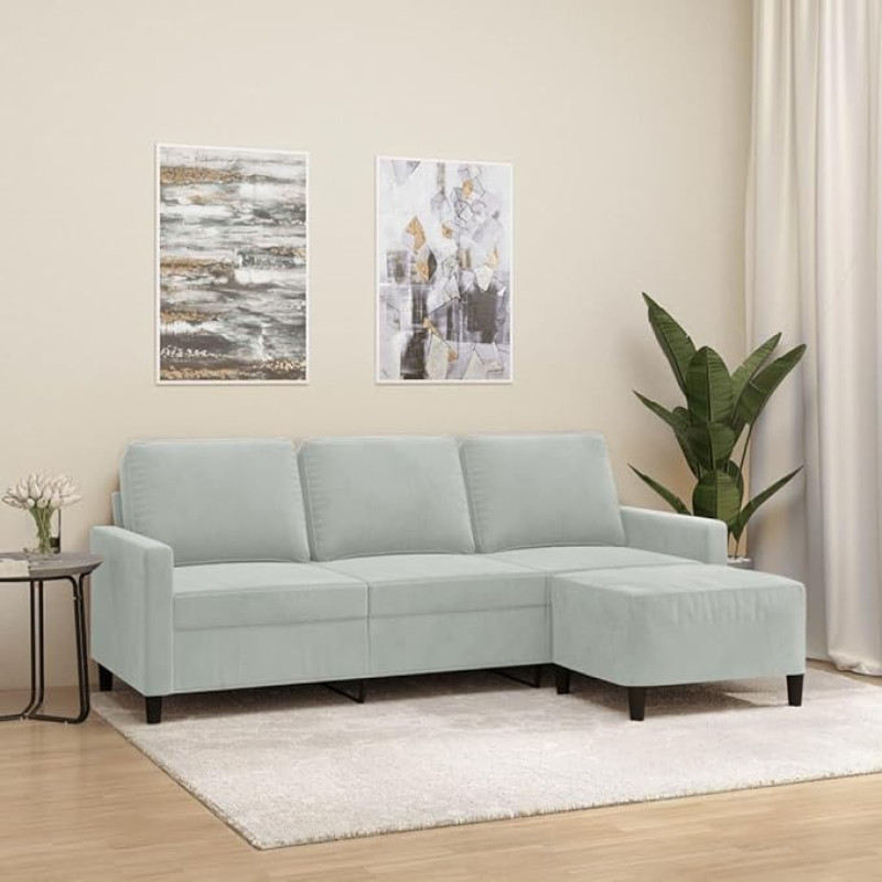 3201055 3-vietė sofa su taburete, šviesiai pilka, 180 cm, aksomas, poilsio sofa, Sofos ir sofos, Poilsio sofa, Svetainės sofa, Svetainės sofa, Sofa su