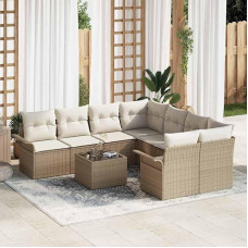 Modulares Gartensofa-Set 9-teilig in Beige und Creme aus Poly-Rattan mit Tisch und Kissen für die Terrasse als completetes Lounge-Set mit 2 Ecken und 4 Mittelsitzen