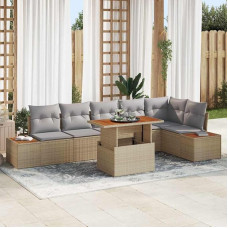 Poly Rattan Garten-Dining-Set 7 pcs, Garten Essgruppe mit Kissen in Beige und Grau, Outdoor-Esstischgarnitur als Gartenmöbel-Set