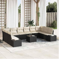Modulares Gartensofa-Set Schwarz Creme 10-teilig aus Polyrattan mit Kissen, wasserabweisender Tasche und Akazienholz Ecksofa für Garten und Terrasse