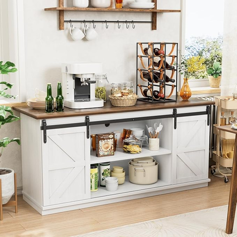 Shahoo Farm Sideboard Cabinet with Sliding Doors, Shelf for Dining Room, Wood, White, 27.5 Height