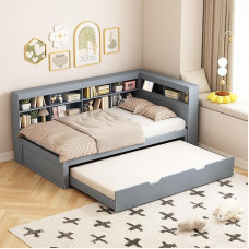 MURUL sofa lova 90 x 200 cm, išskleidžiama lova 90 x 190 cm su USB lizdu ir keliais laikymo skyriais, viengulė lova, medžio masyvo lova, medinė daugiafunkcinė lova (pilka, 90 x 200 cm)
