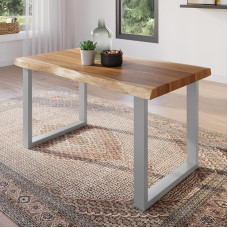 Dining Room Table 140 x 80 cm, Solid Acacia Wood, Natural Coloured Table Top, Real Wane, U-Frame Silver, Tree Edge Table