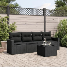 5-TLG. Garten-Sofagarnitur mit Kissen Schwarz PE Rattan, wasserabweisendem Beutel und abnehmbaren Bezügen für Sessel und Stauraum