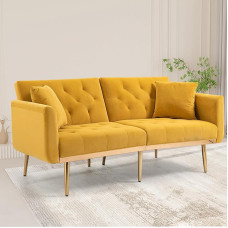YESGIGA Minkšto aksomo 3 sėdimų vietų sofa, keičiama 3 reguliuojamų vietų sofa lova, tvirta metalinė kojų atrama, tinkama įvairiems scenarijams Svetainė, miegamasis (garstyčių geltona)