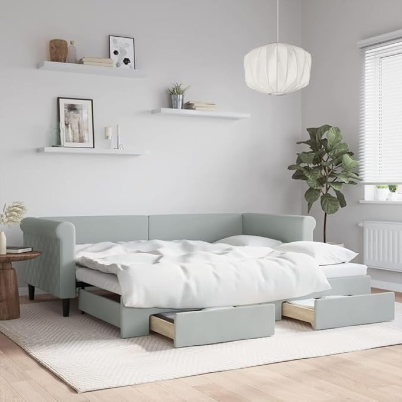 Išskleidžiama dieninė lova su stalčiais, šviesiai pilka, 90 x 200 cm, aksominė sofa lova, dieninės lovos rėmas, išskleidžiama, suaugusiesiems skirta sofa lova, 2 asmenims su lovos dėže ir stalčiais