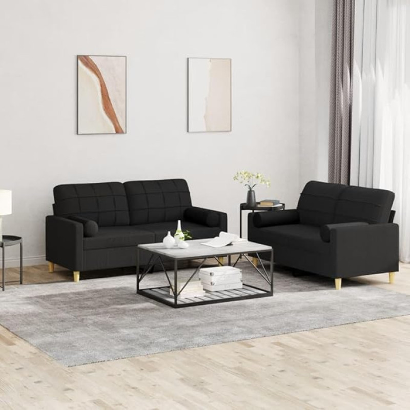 2 dalių sofos komplektas su pagalvėle Juodas audinys Sofa miego funkcija Cauchsofa