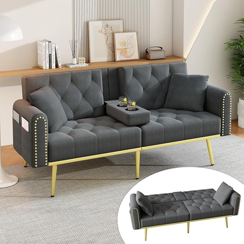 Išskleidžiama sofa-lova su miego funkcija, dvigulė sofa su reguliuojamu atlošu, šonine kišene ir gėrimų laikikliu, sofa-lova svetainei, miegamajam, aksominė, 175 x 80 x 73,5 cm (pilka)