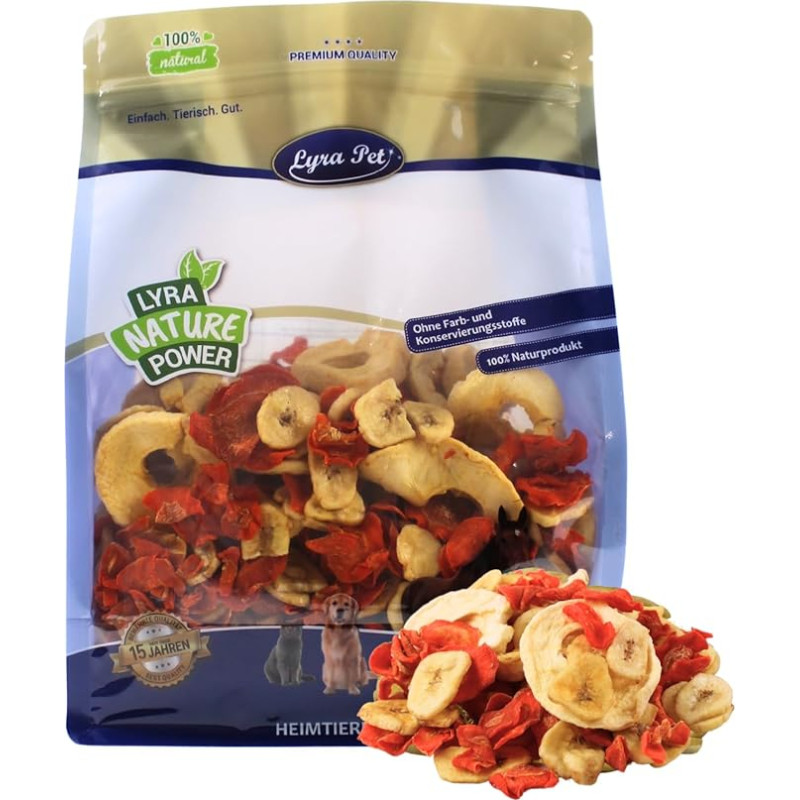 Lyra Pet® 1 kg džiovintų vaisių ir daržovių mišinys, bananai, obuoliai ir morkos, daug vitaminų ir skaidulų, vienkartinis maistas paukščiams, graužikams, žirgams ir ropliams, natūralus maistas kaip papildas