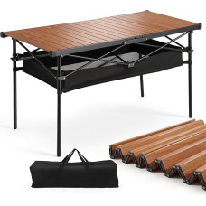 Sekey Foldable Camping Table, 120 x 60 x 69 cm, Roll-Up Table Top, Folding Table with Aluminium Frame, up to 30 kg, Portable Folding Table, Includes Carry Bag with Mesh Bag, Wood Look