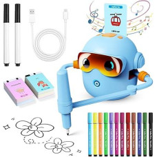 3-8 metų vaikams skirtas piešimo robotas, balsinis interaktyvus piešimo robotas su 100 piešimo kortelių, muzika ir 12 spalvotų pieštukų, edukacinis piešimo roboto žaislas, dovana berniukams ir mergaitėms (mėlynas)