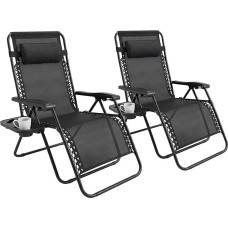 Set of 2 Folding Deck Chairs, Adjustable Zero Gravity Lounge Chair, Garden Chair, Leisure Beach Chair with Headrest, Sun and Drink Holder, Loungers, Powder Coated Steel Frame, Sun Lounger