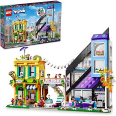 LEGO Friends Downtown Flower and Design Stores 41732 konstruojamas žaislų rinkinys su namais ir parduotuvėmis, modelį galima pritaikyti, dekoruoti ir eksponuoti, yra 9 veikėjai, amžius 12+