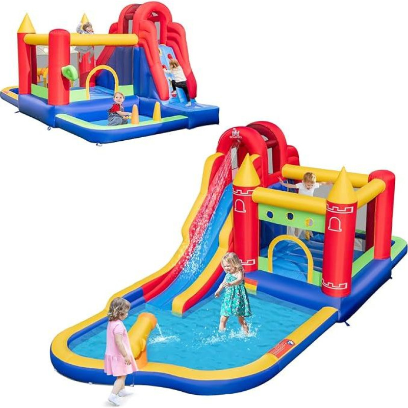 GOPLUS Bouncy Castle, Dry/Water Slide with Slide, Basketball Hoop, Climbing Wall, Boxing Disc, Paddling Pool, Ball Digging & Bouncy House, Inflatable Castle for Children 3-10 Years (7 in 1, with Blower)