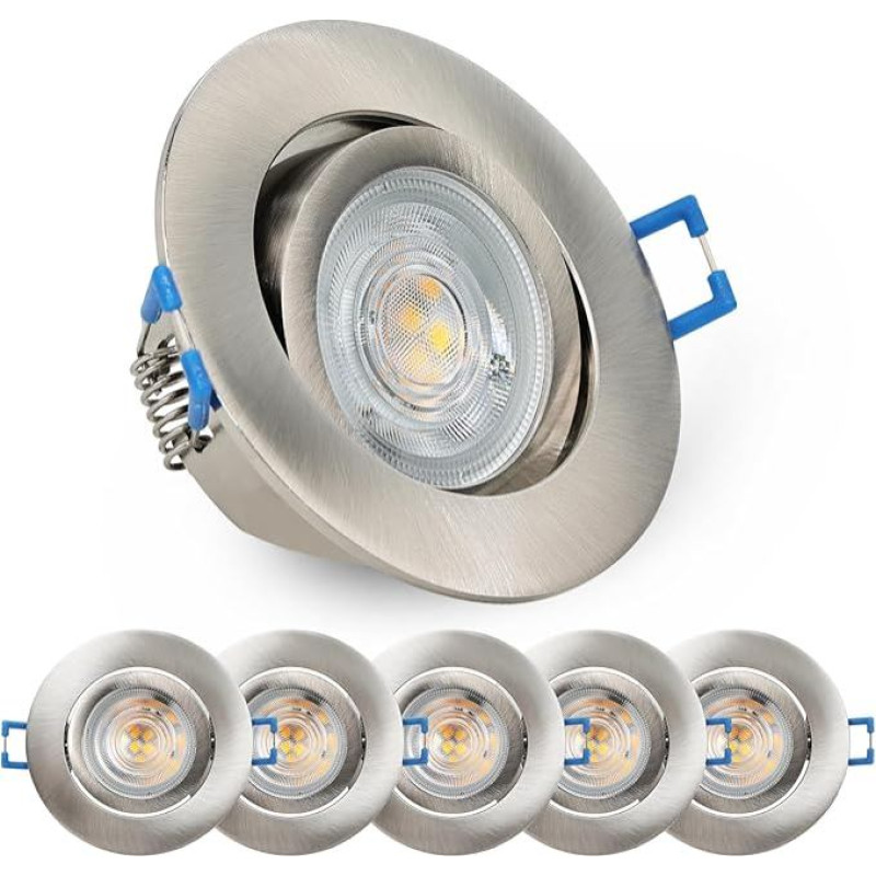 LED įleidžiami prožektoriai, pasukami, pritemdomi lubų prožektoriai LED taškiniai įleidžiami prožektoriai, įskaitant 230 V 5 W 650 LM šiltos baltos spalvos 3000 K modulį, 68 mm - 75 mm skylės, lubų šviestuvas svetainei, vonios kambariui, 6 vnt.