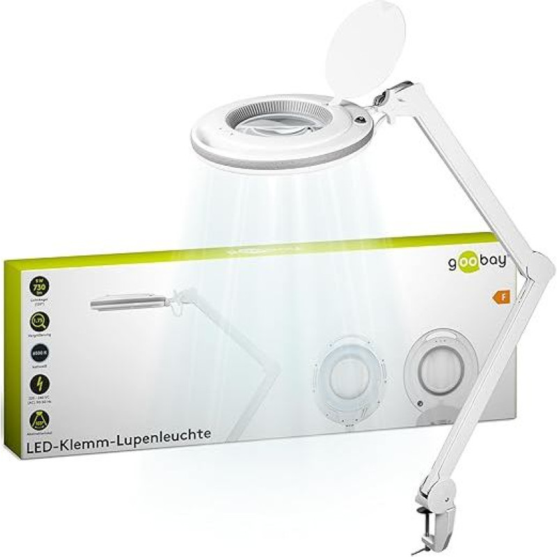 goobay 60362 LED didinamoji lempa su spaustuvu / 9 W galios suvartojimas / 127 mm krištolo stiklo lęšis / Spalvos temperatūra 6400 K / 1,75x didinimas / Šviesos srautas 83-730 liumenų / Balta